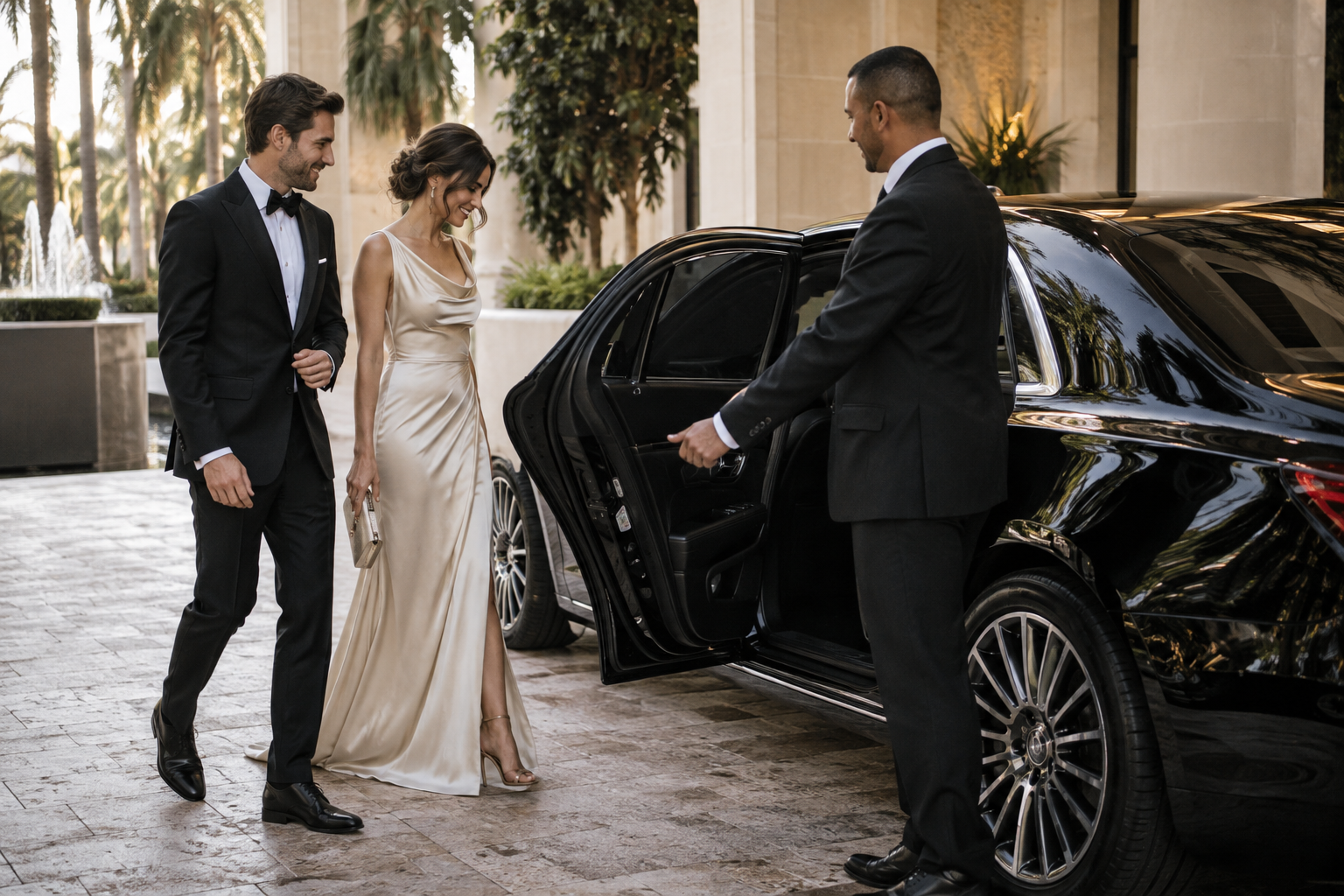 Chauffeur opening door for a couple