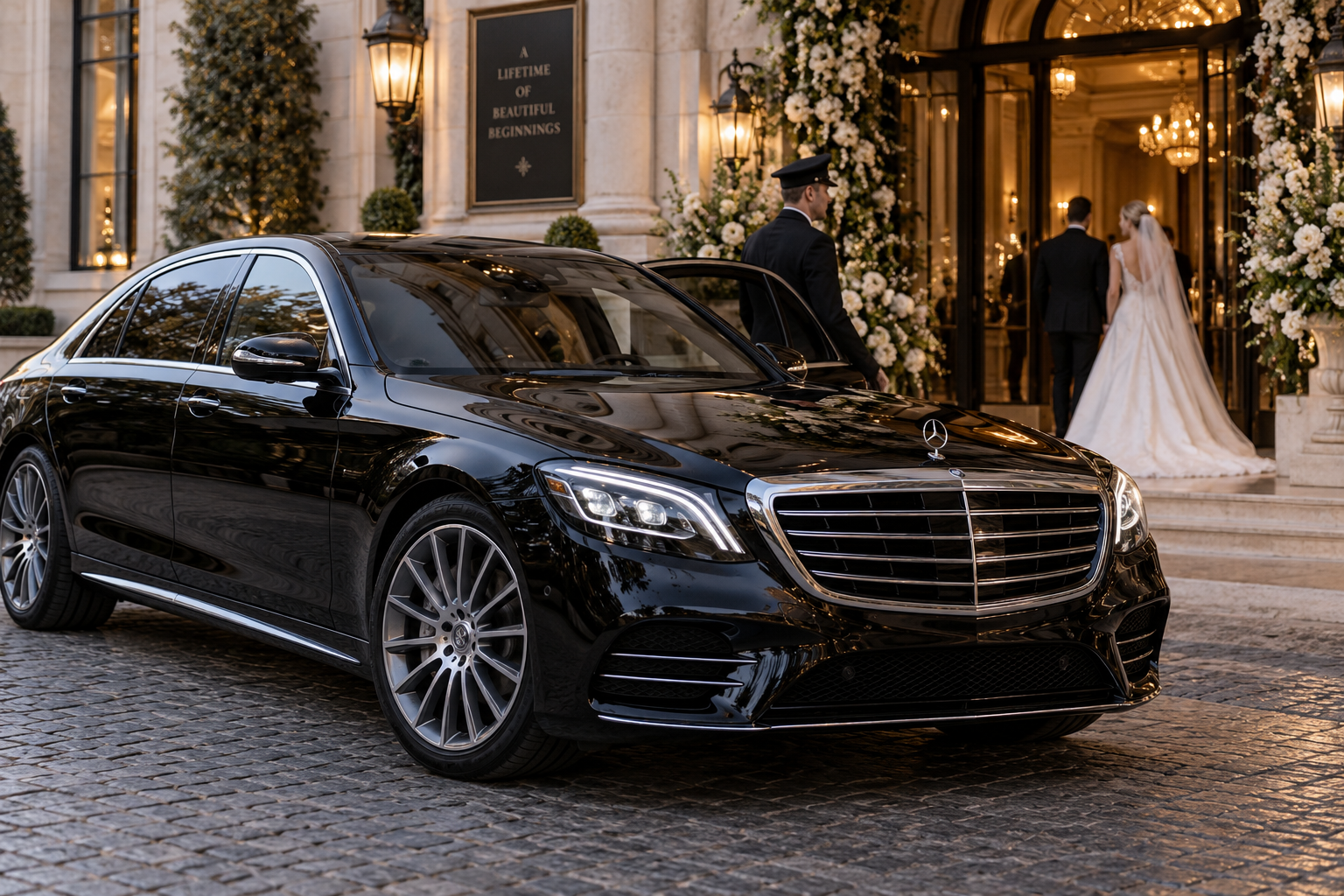 Luxury vehicle parked at a wedding venue or hotel