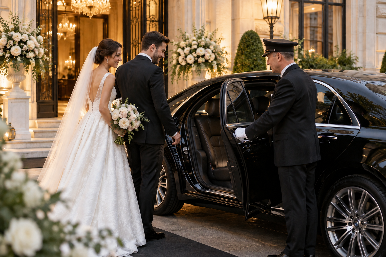 Bride and groom entering a luxury car